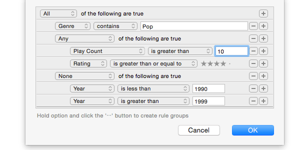 Screenshot of smart playlist rules editing.